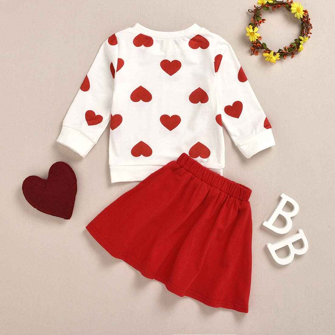 Toddler Baby Girl Valentine's Day Outfits Long Sleeve Heart Print Pullover Sweatshirt T-Shirt Tops + Mini Skirt 2 Pieces Spring Autumn Clothing Set