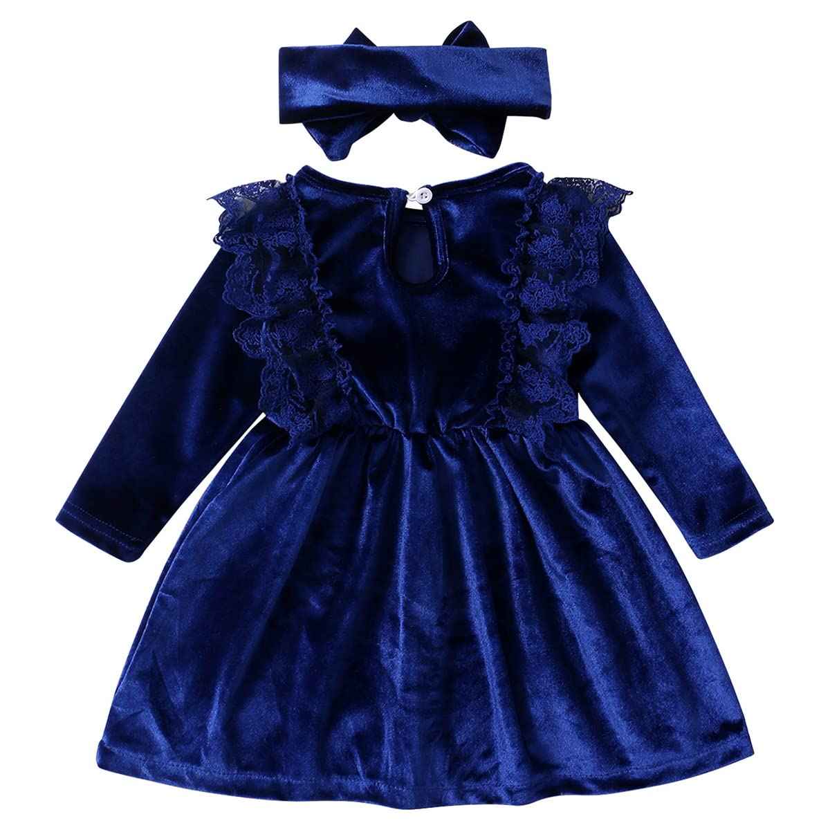 Baby Dress Girls Long Sleeve Lace A Line Princess Velvet Dress + Headband Wedding Festive Autumn Winter Clothing