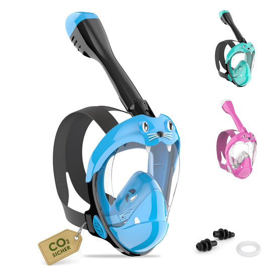 Schnorchelmaske Kinder Vollmaske – CO₂ sichere Tauchmaske ab 6 Jahren mit Anti-Beschlag, Anti-Leck, 180° Sichtfeld – Schnorchel Vollgesichtsmaske inkl. Silikon & Tragetasche