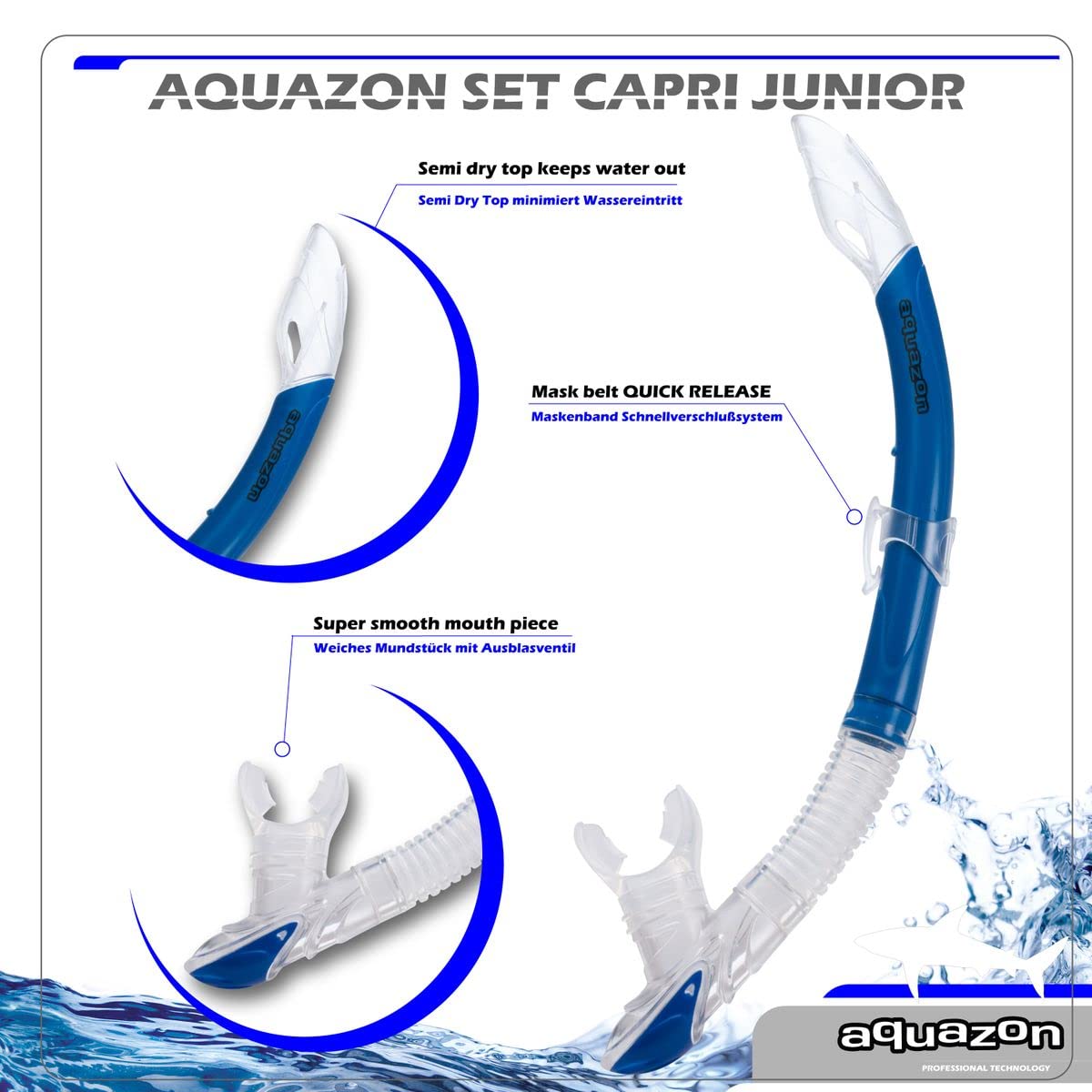 AQUAZON Capri extra Komfortables Kinder Schnorchelset, Taucherbrille mit superweichem Silikon, 7-12 Jahre, glasklarer Blick durch temperiertes Glas