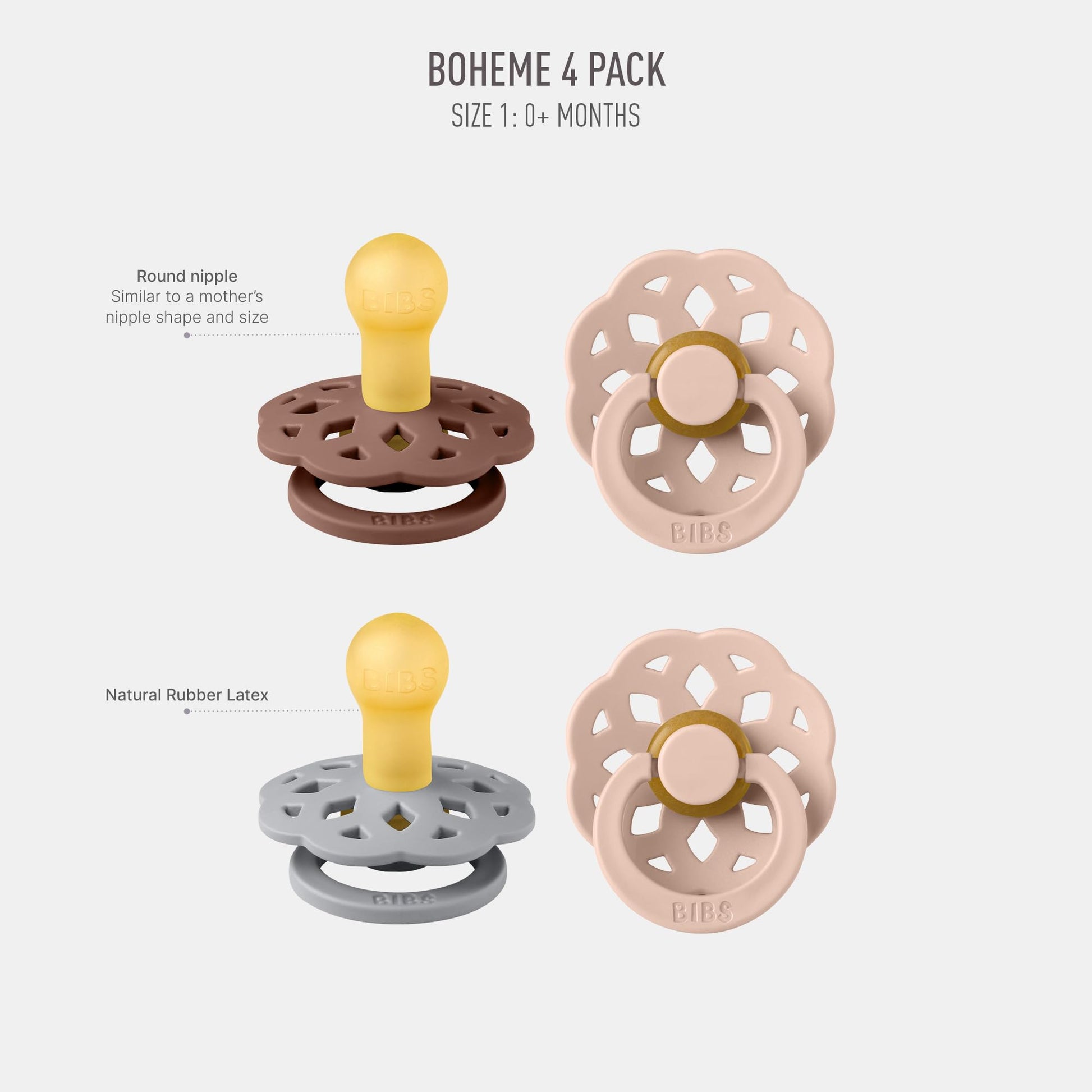 BIBS Boheme Schnuller 4er-Pack. BPA-frei, Kirschform Nippel. Naturkautschuk/Latex, Hergestellt in Dänemark. Größe 1/2, (0-6 Monate/6-18 Monate), (4er Pack), Vanilla Mix - Meloni2