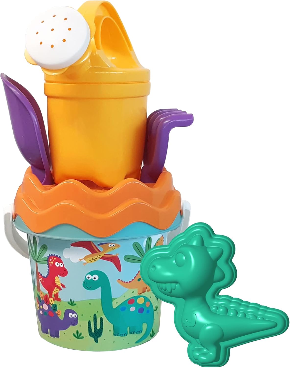 Dino Baby Eimergarnitur, Sandspielzeug, 6 Teile, Eimer, Sieb, Sandform, Schaufel, Rechen, Gießer, 11cm, D:14cm, ab 10 Monate