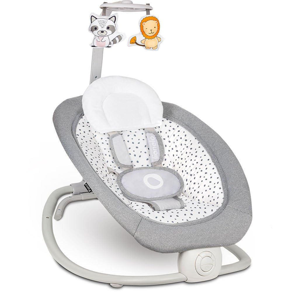LIONELO Pascal Baby Rocker, gentle vibrations, 5 melodies, toy carousel with interactive plush toys, head pillow, adjustable backrest, energy-saving system (GREY DOVE) 