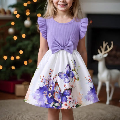 Codkkre Mädchen Kleid Blumen Bowknot Kinder Kleider Rüschenärmel A-Linie Mädchen Kleid Sommer Ostern Mädchen Kleid Rundhals 104 110 116 122 128
