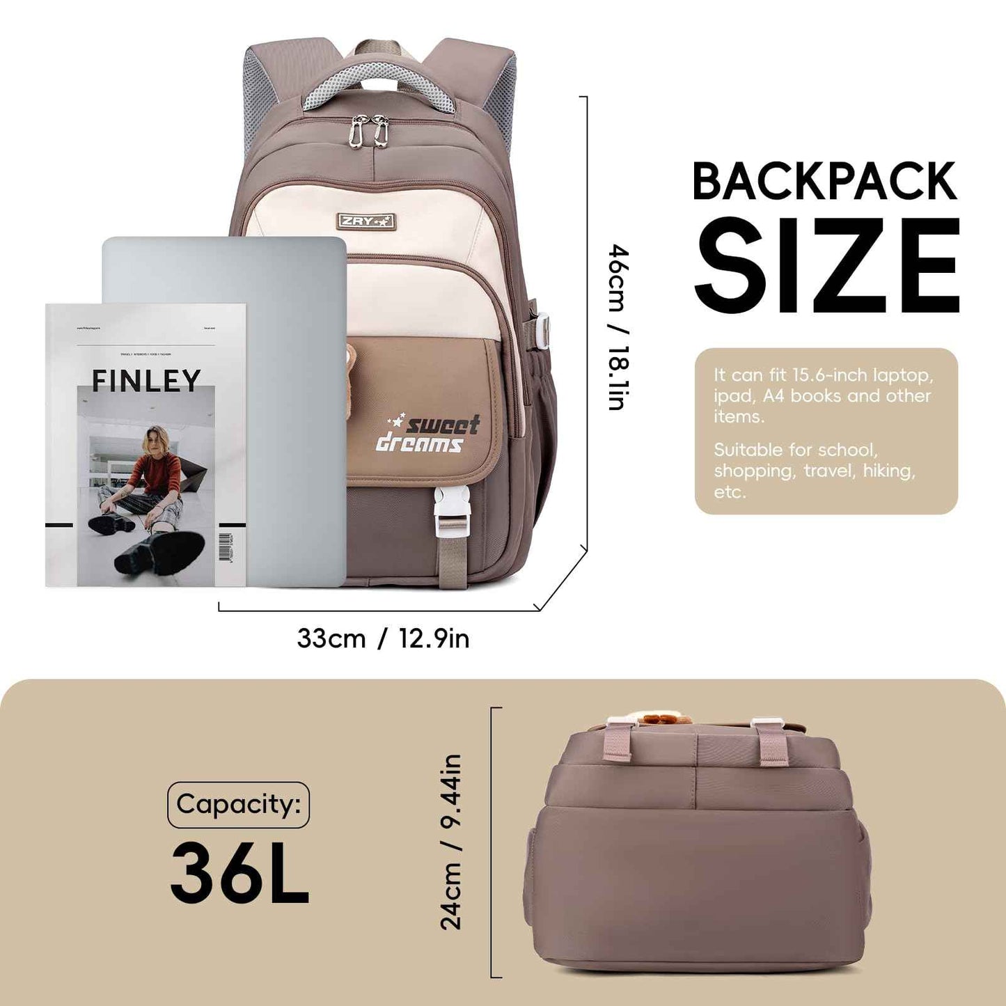 School Backpack Teenager - 36L School Bag for Girls from 5th Grade, Large Backpack for Middle and High School, Casual Children's Backpack with Cute Pendant and Trolley Strap, black, Rucksack