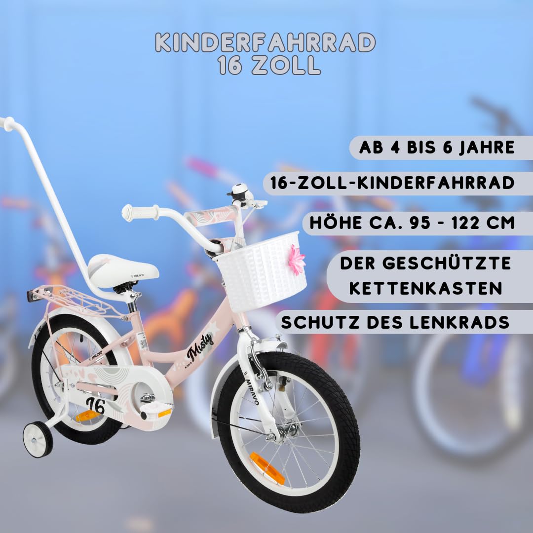 MIRAVO Kinderfahrrad Fahrrad Kinder Ab 2 Bis 8 Jahre Mit Stützrädern Schubstange V-Brake Bremsen Rückstrahl Aufkleber 12 16 20 Zoll Radgröße Korb Für Mädchen Misty - Meloni2
