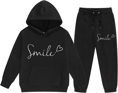 Mädchen 2-teiliges Outfit Herbst Hoodie Lächeln Sweatsuit Sets Kinder 2025 mit Kapuze Ausgehen Sweatanzüge Sweatshirt mit Taschen Grafik Langarm Brief Kordelzug Sweatsuits Sets