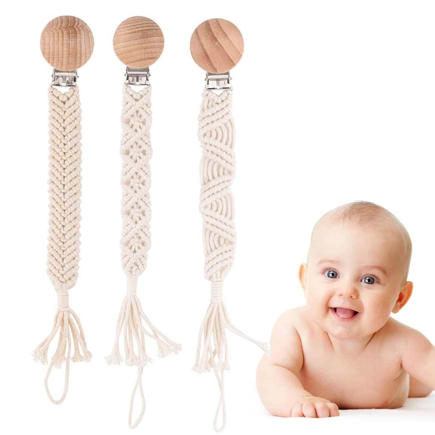 IOSPKKIO® 3 Stück Schnullerclip für Jungen und Mädchen, Schnullerhalter, mit Holzklammern, Handgefertigt, Geflochtene Baumwolle, Babyparty, Geburtstagsgeschenk(Beige)