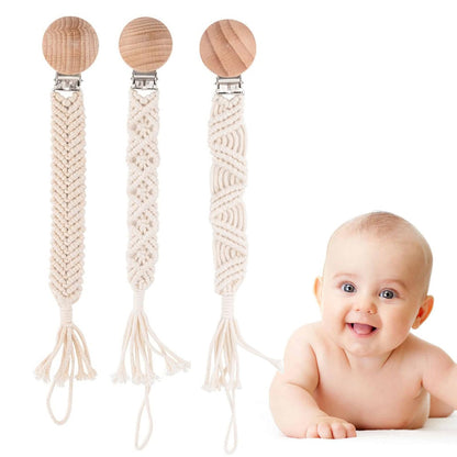 IOSPKKIO® 3 Stück Schnullerclip für Jungen und Mädchen, Schnullerhalter, mit Holzklammern, Handgefertigt, Geflochtene Baumwolle, Babyparty, Geburtstagsgeschenk(Beige)