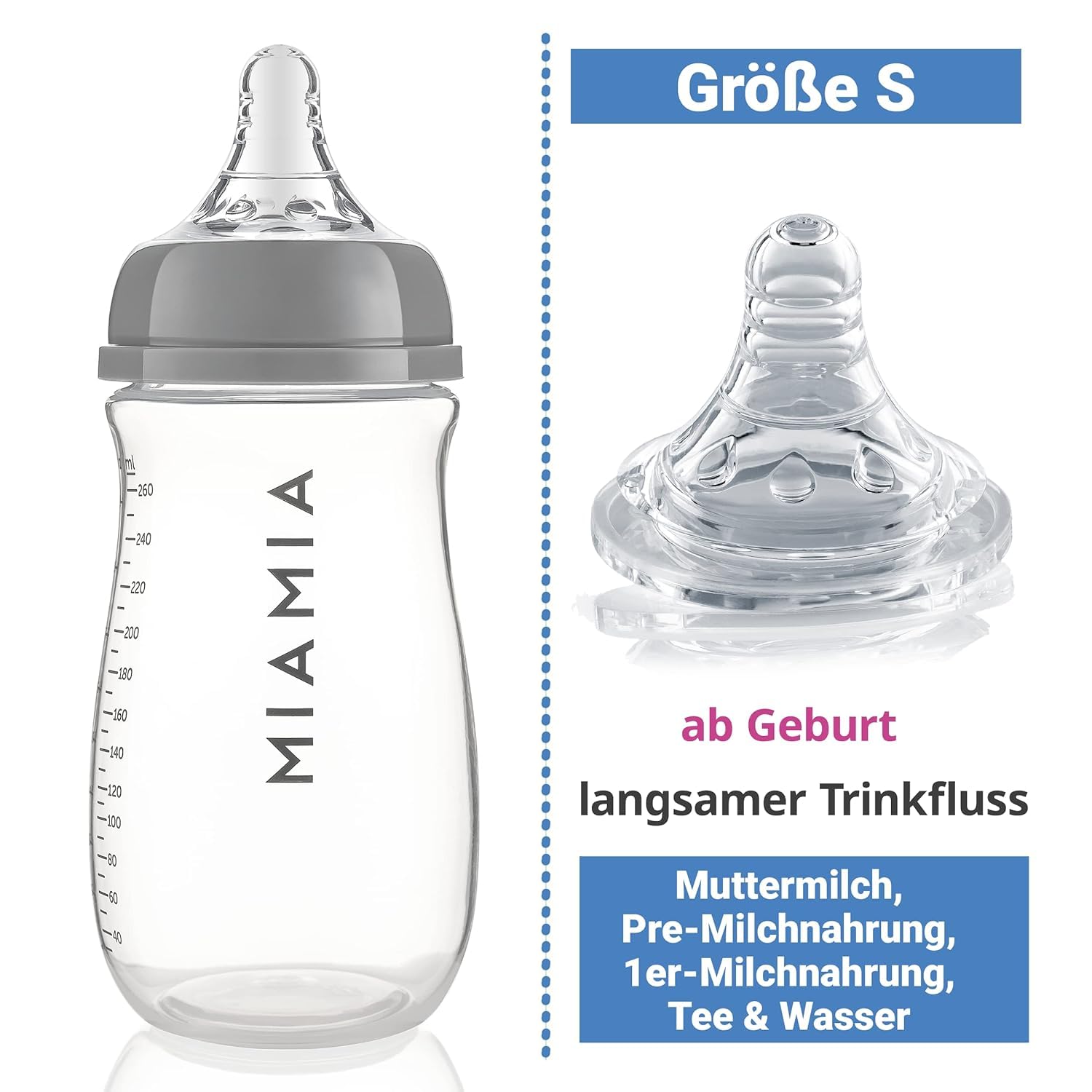 MiaMia 13-tlg. Babyflaschen Set – 6 Flaschen mit Silikon-Trinksaugern | Inkl. Milchpulverportionierer, Bürste & Abtropfständer | BPA-frei, Anti-Kolik & spülmaschinenfest | 2x 140 ml & 4x 260 ml - Meloni2