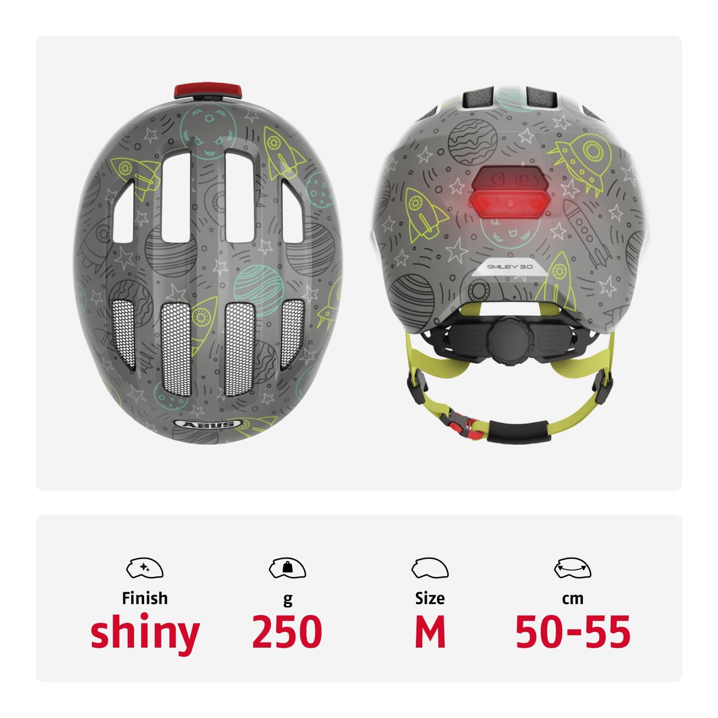 ABUS Kinderhelm Smiley 3.0 LED - Fahrradhelm mit Licht - Tiefe Passform & Platz für einen Zopf - für Mädchen und Jungs