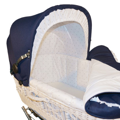 EICHHORN Kinderwagen Weidenkorb - Kinderwagen aus echter Weide, handgewebter Korb, Weiß, Stoff Marineblau