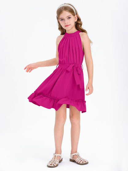Halomoning Girls Dress Sleeveless Simple Classic Casual Knee Length for Kids Summer Princess Party Wedding Tie Waist A-Line 