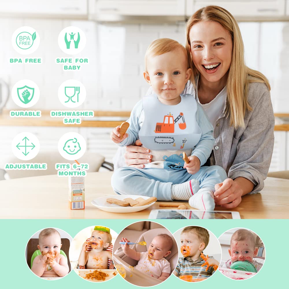 Vicloon Silikon Baby Lätzchen, 2 Stück Baby Lätzchen mit Auffangschale, BPA Frei, Einfache Reinigung, Wasserdicht Silikon-lätzchen für Jungen Mädchen, Kaninchen-Einhorn（Rosa）