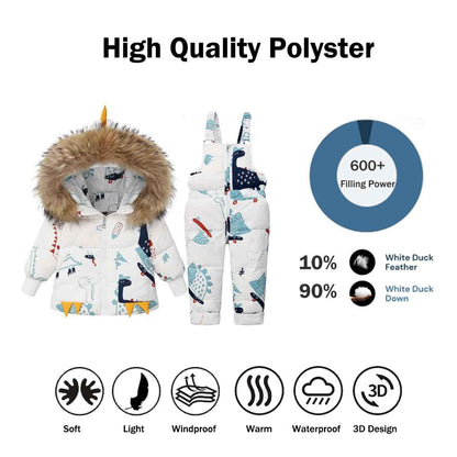 Printed Snowsuits for Baby Girls, 2-Piece Clothing Set, Winter Unisex Children's Down Jacket with Removable Fur Hood with Snow Dungarees, Boys and Girls, Ski Suit Clothing