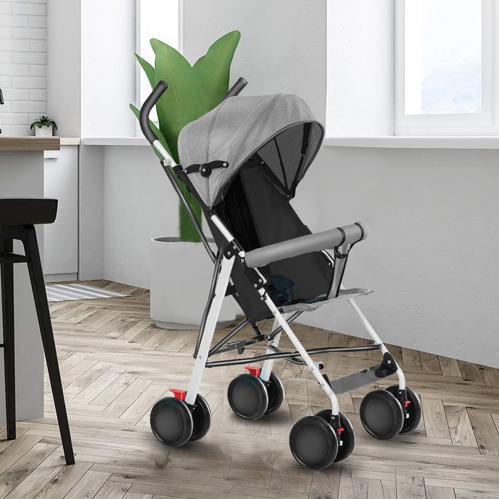 Buggy für Babys, ultraleicht, kompakt, faltbar und neigbar, von Geburt bis 25 kg, mit Trolley-System, Regenschutz inklusive, ausziehbarer Haube, C-schwarz