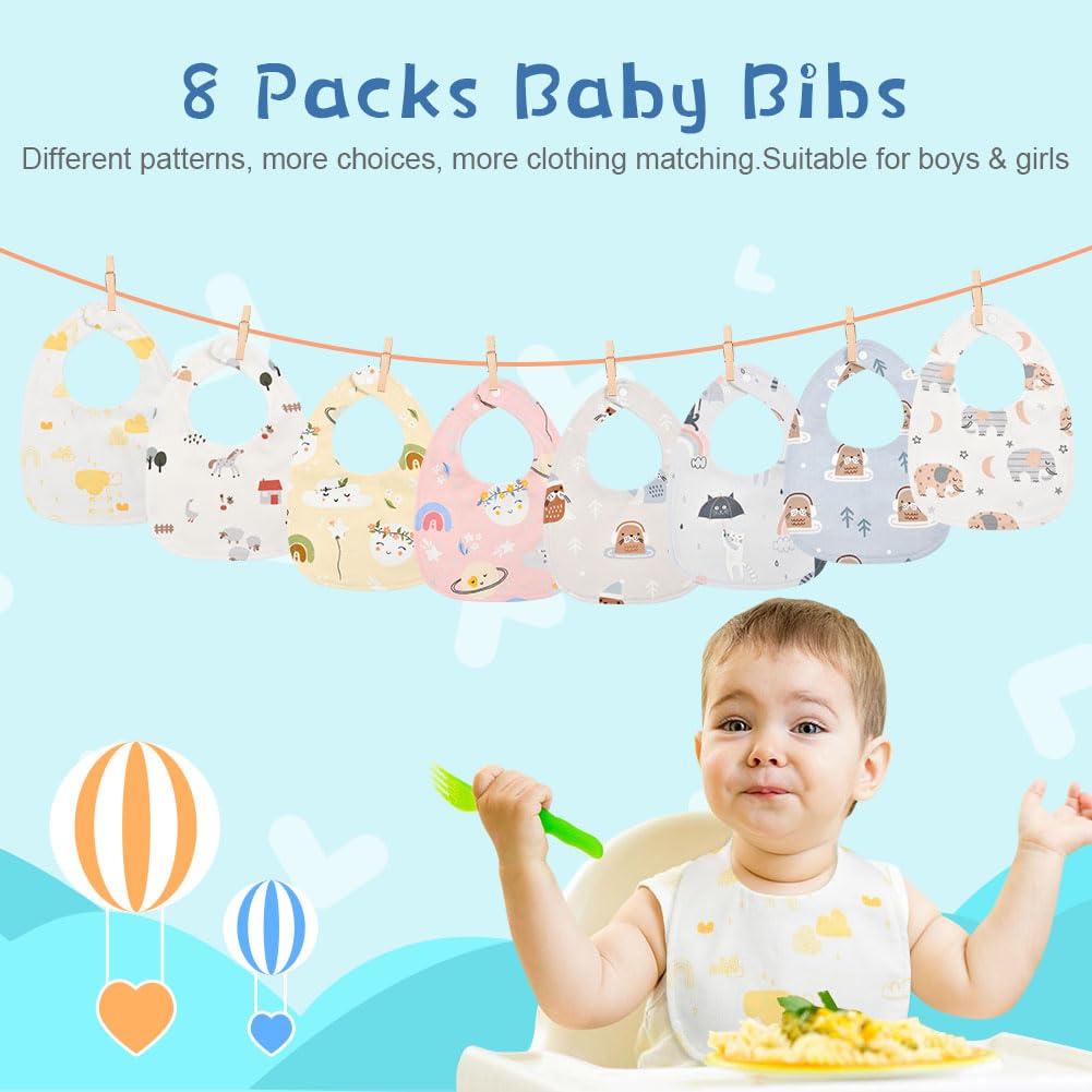 Vicloon Baby Bibs, 8 Pack Soft Absorbent and Waterproof Bibs Dribble Bibs Burp Cloths Baby with Snap Fastener for Baby Boys and Girls Toddlers 