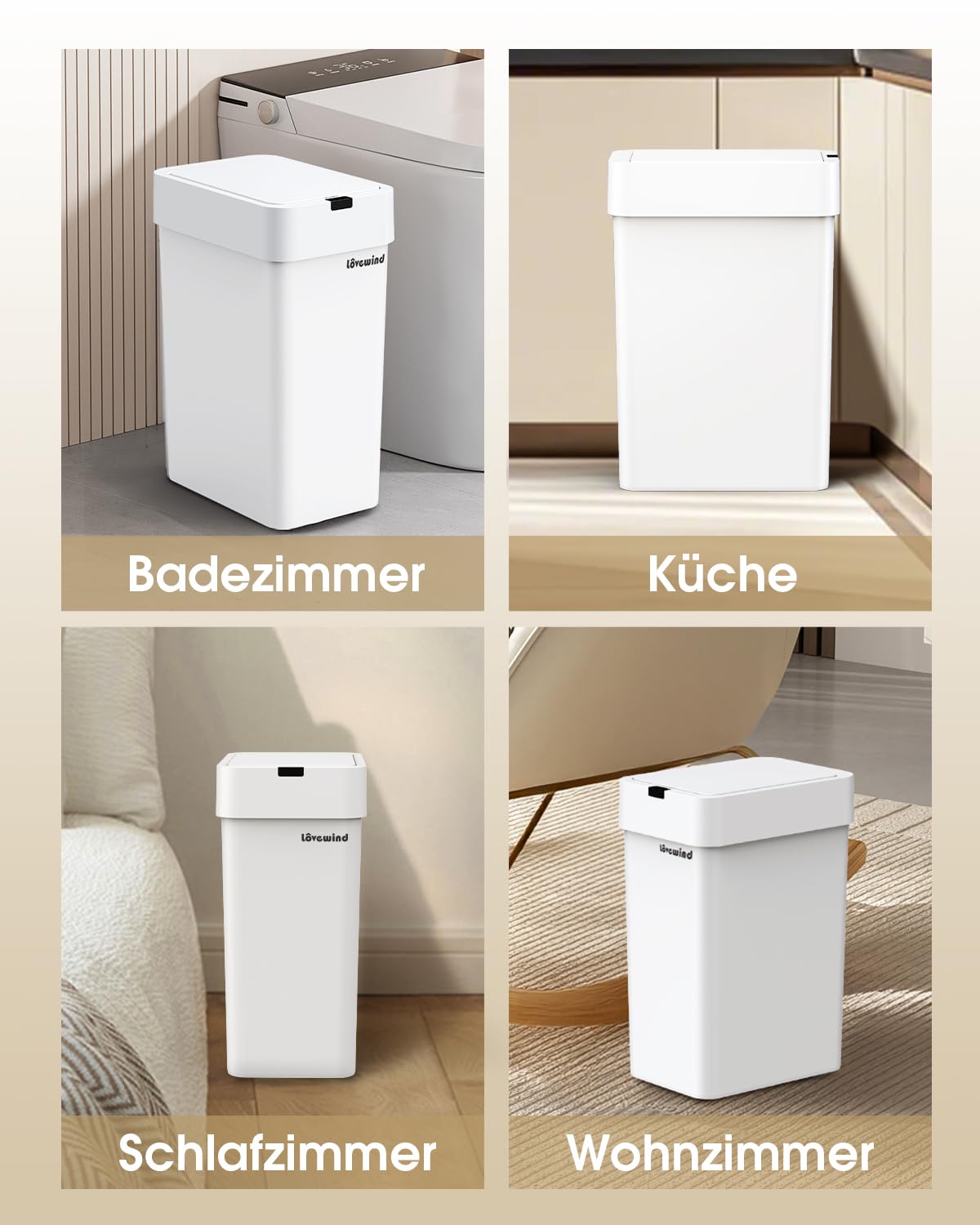 lovewind Mülleimer Bad, 9L badezimmer Mülleimer mit Deckel, Schmaler Sensor-Mülleimer, Wasserdicht Kosmetikeimer, Weiß, für Schlafzimmer, Badezimmer, Küche, Büro