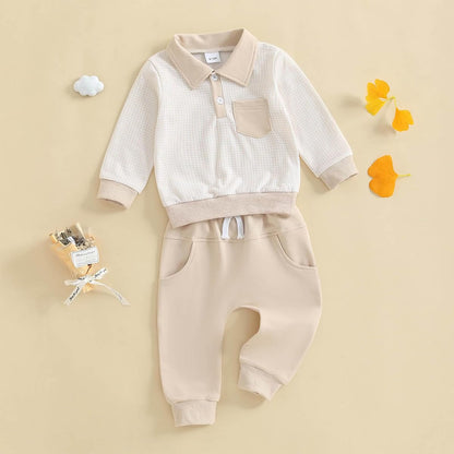 Kleinkind Baby Jungen Kleidung Outfits Langarm Turn-Down Kragen Plain / Checked Sweatshirt und Hose 2 Stück Herbst Winter Trainingsanzug Set