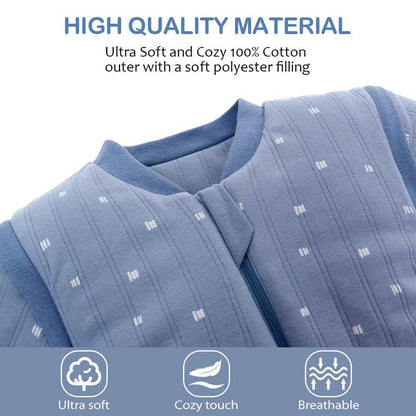 amo nenes Baby Sleeping Bag 2.5 TOG, Baby Autumn Winter Long Sleeve Sleeping Bag, 100% Cotton, Removable Sleeves, Length 72 cm, 0-6 Months (Blue)