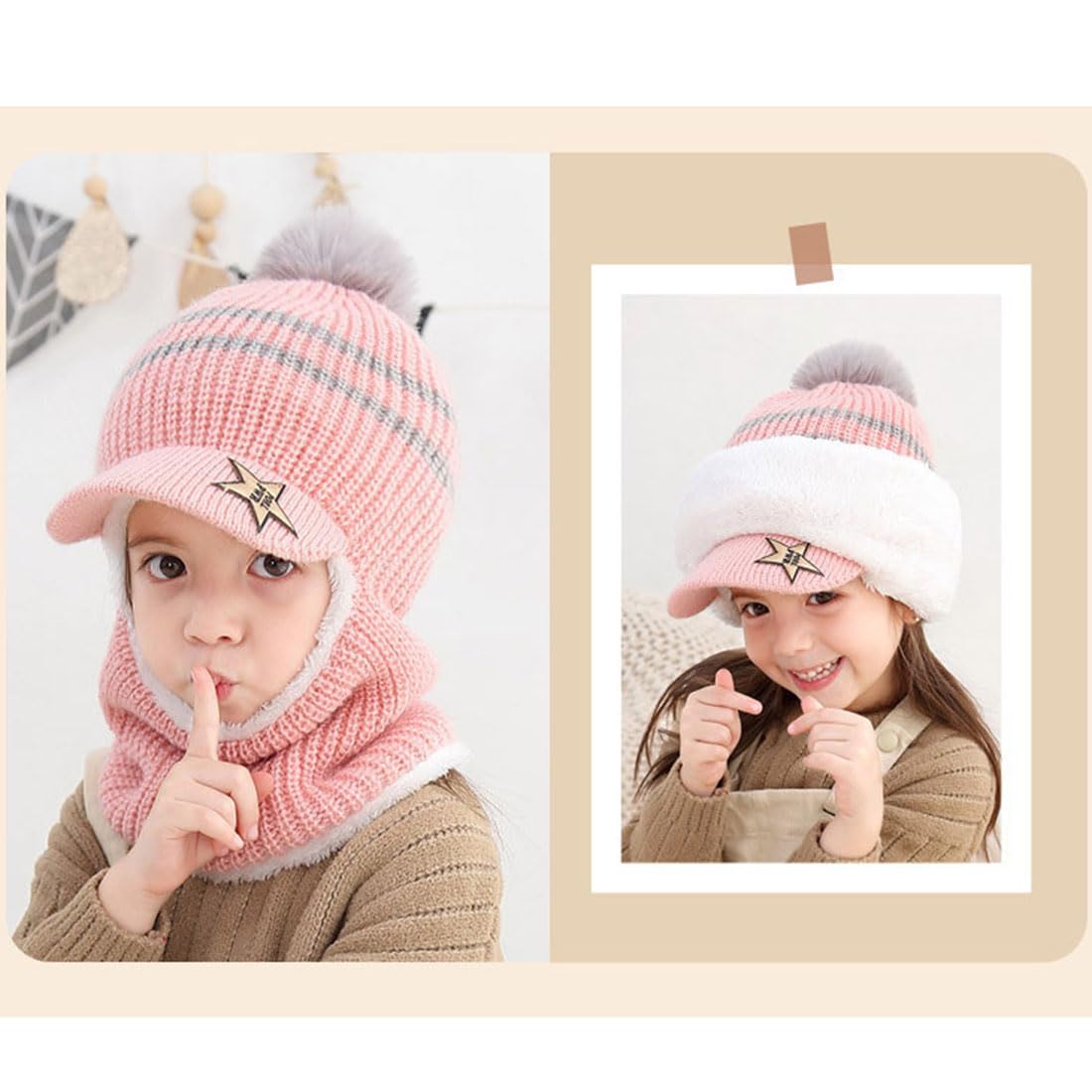 YONKOUNY Kinder Wintermütze Jungen Mädchen Warm Niedlich Strickmütze Schalmütze Schlupfmütze Beanie Mütze mit Fleecefutter