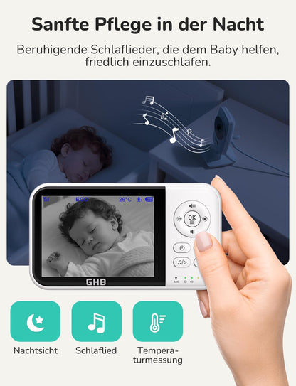 GHB Babyphone mit Kamera Baby Monitor 3,2 Zoll Weiß | 2100 mAh Akku, Max. 60 Std Akku im VOX Modus, Infrarot-Nachtsicht ohne Störlicht, Gegensprechfunktion, Temperatursensor