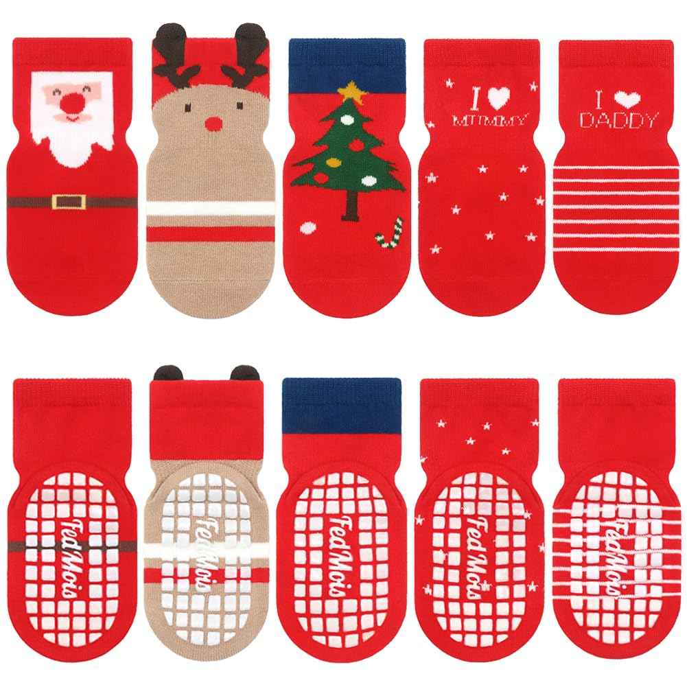 Pack of 5 Baby Toddler ABS Non-Slip Socks, Trainer Socks, Animal Motifs, Cotton