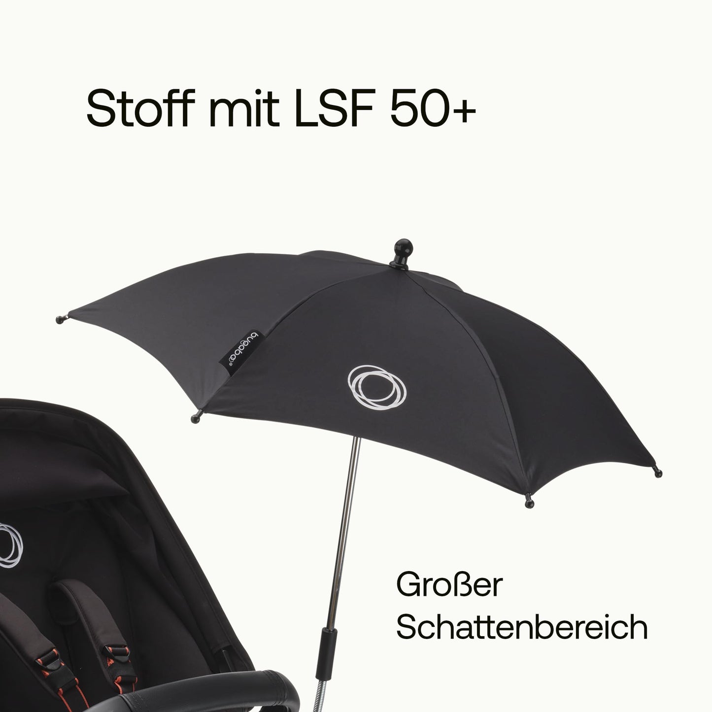 Bugaboo Sonnenschirm+, kompatibel mit allen Bugaboo Kinderwagen, mit UPF 50+ Schutz gegen UV-Strahlen, große Schattenfläche, Verbindung mit einem Klick & leicht verstellbarer Mechanismus, Desert Taupe