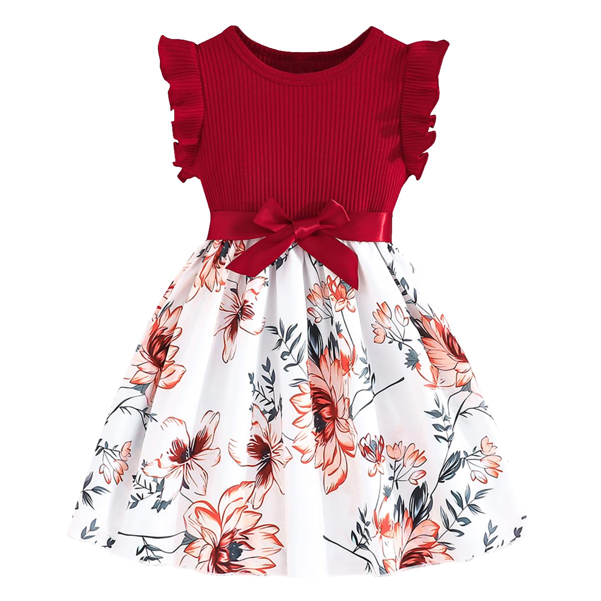 Codkkre Girls Dress Flowers Bowknot Kids Dresses Ruffle Sleeves A-Line Girls Dress Summer Easter Girls Dress Round Neck 104 110 116 122 128 
