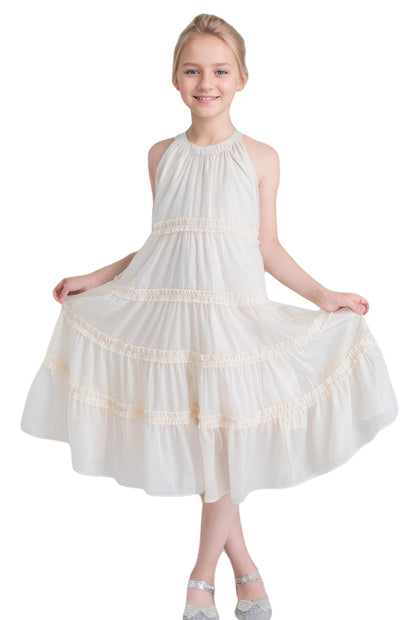 SOLOCOTE Girls Midi Dress Sleeveless Off Shoulder Ruffles A-Line Summer Elegant Casual Dress 