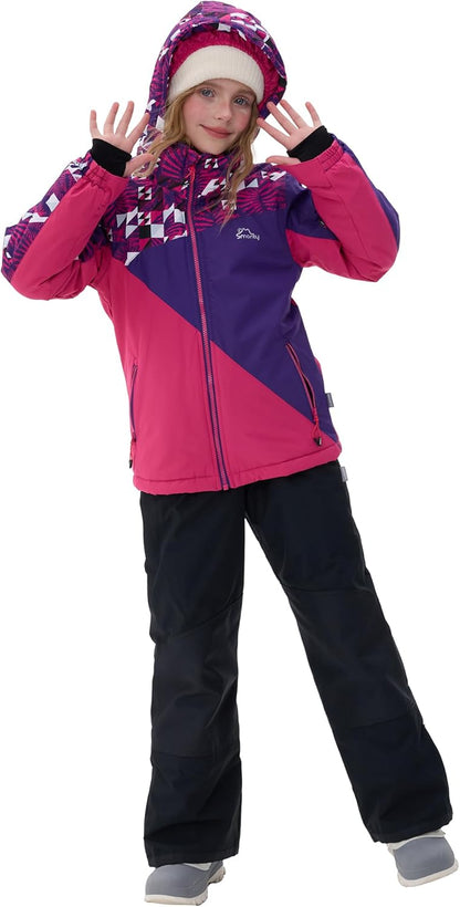 Children's Ski Suit Girls Waterproof Windproof and Warm 2-Piece with Hood 6-16 Years Outdoor Sports, Mountaineering, Skiing