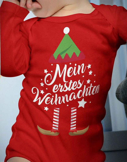 Mikalino Baby Bodysuit with Saying in German for Boys, Girls, Unisex, Long Sleeve, Mein erstes Weihnachten Saying (Christmas Elf), Hand Printed in Germany, Handmade with Love