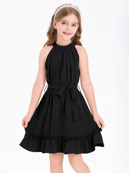 Halomoning Girls Dress Sleeveless Simple Classic Casual Knee Length for Kids Summer Princess Party Wedding Tie Waist A-Line 