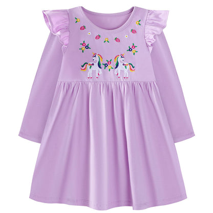 Mädchen Kleid Baumwolle Rundhals Rüschen Ärmellos Lässige Einhorn Cartoon-Applikationen Blau/Weiße Gestreift Kleidung Kinder Sommer Party Festliches Prinzessin A-Linie Kleider Gr. 98-128