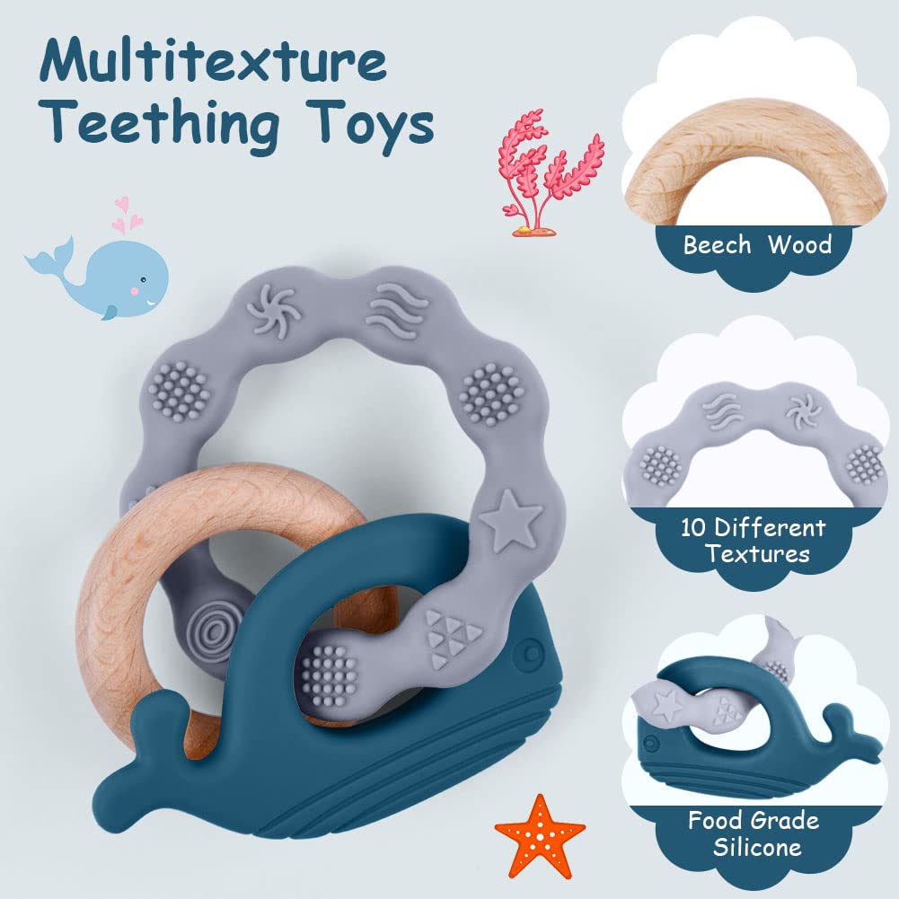 Vicloon Beißring für Babys, Beißring Spielzeug aus Silikon und Holzringe, Baby Zahnungshilfe BPA-frei, Schmerzlindernde Zahnen Nursing Zubehör für ab 3 Monaten Babys(Wal Blau)