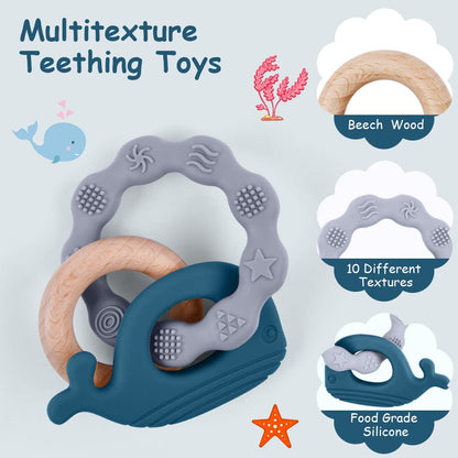 Vicloon Beißring für Babys, Beißring Spielzeug aus Silikon und Holzringe, Baby Zahnungshilfe BPA-frei, Schmerzlindernde Zahnen Nursing Zubehör für ab 3 Monaten Babys(Wal Blau)