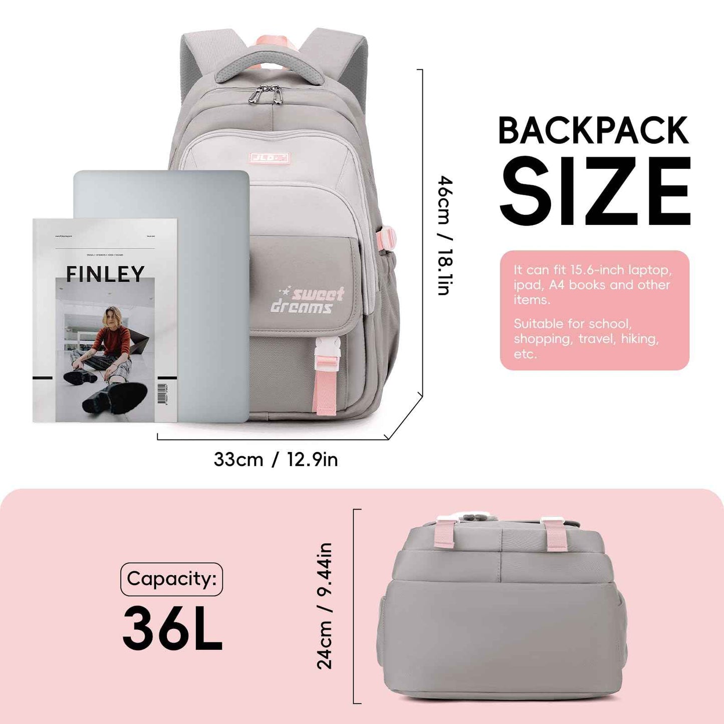 School Backpack Teenager - 36L School Bag for Girls from 5th Grade, Large Backpack for Middle and High School, Casual Children's Backpack with Cute Pendant and Trolley Strap, black, Rucksack