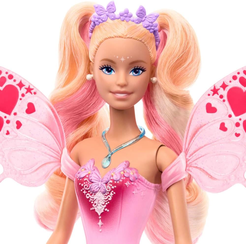 Mattel Barbie-Puppe Fee mit Spielzeugzauberstab und Mode-Accessoires, Fantasiethema mit Farbwechsel bei Flügeln und Outfit, JCP76, [Mehrfarbig]