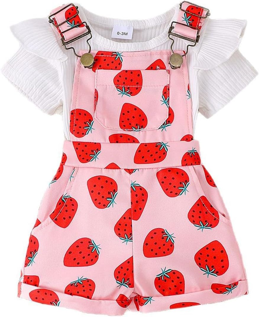 Baby Mädchen Sommer Outfits Rüschen Kurzarm Ripptop+ Blumen/Herzmuster Overalls Shorts Mit Tasche Süßes 2-Teiliges Kleidungsset