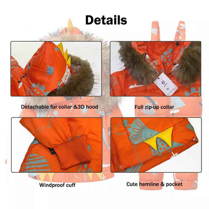 Printed Snowsuits for Baby Girls, 2-Piece Clothing Set, Winter Unisex Children's Down Jacket with Removable Fur Hood with Snow Dungarees, Boys and Girls, Ski Suit Clothing