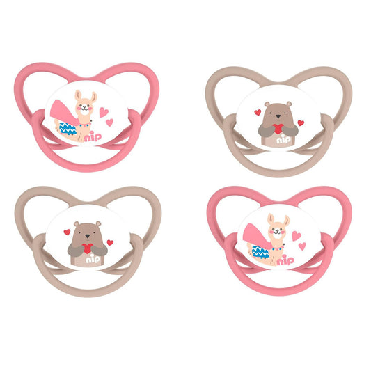 NIP Butterfly Spar-Set Schnuller Butterfly 4er Pack, Größe 1 (0-6 Monate) beige/rose, Extra flaches und weiches Saugteil aus Silikon, Kiefergerecht und Stillfreundlich
