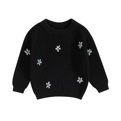 Geagodelia Baby Mädchen Gestrickt Pullover Langarm Rundhalsausschnitt Blume Winter Warm Gerippt Stricken Klobig Top Weich Kleinkind Kleidung Herbst Outwear