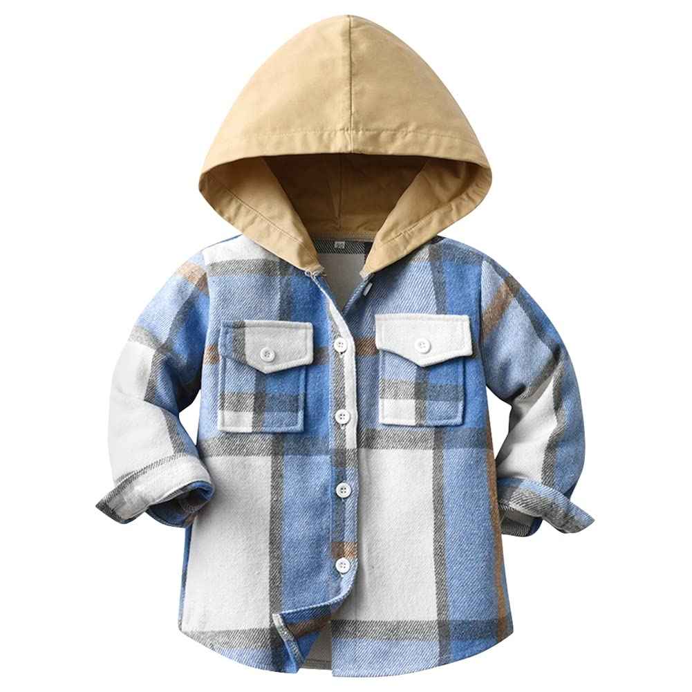 Kinder Übergangsjacke Jungen Kindermantel Mädchen Jacke Kariertem Hemd mit Kapuze für Frühling und Herbst