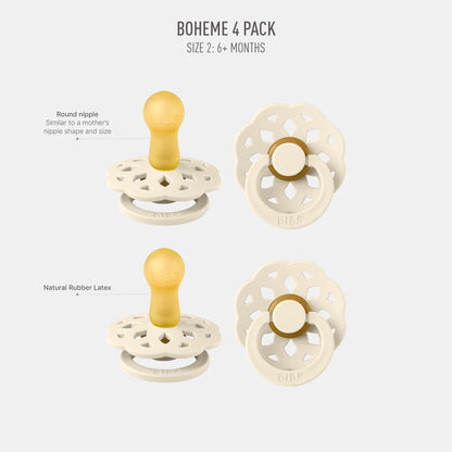 BIBS Boheme Schnuller 4er-Pack. BPA-frei, Kirschform Nippel. Naturkautschuk/Latex, Hergestellt in Dänemark. Größe 1/2, (0-6 Monate/6-18 Monate), (4er Pack), Vanilla Mix