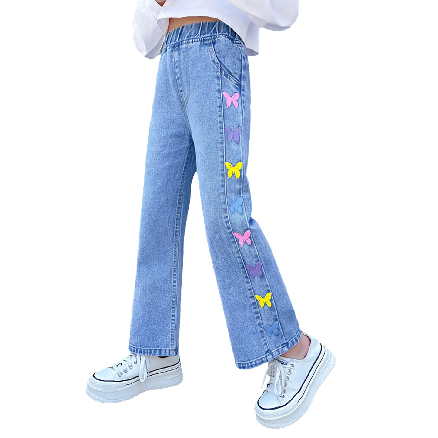Rolanko Girls' Jeans Trousers with Hole, Denim Blue Jeans, Vintage Trousers With Wide Leg for Children