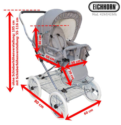 EICHHORN Kinderwagen Retro buggy sports buggy with leather strap frame and slider height adjustment, changeable viewing direction, fabric grey (EVA wheel)