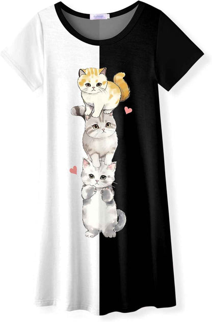 Arshiner Nightdress Girls Short Sleeve Pyjamas Children's Sleep Dress Cat Unicorn Crew Neck Night Dress 4-12 Years