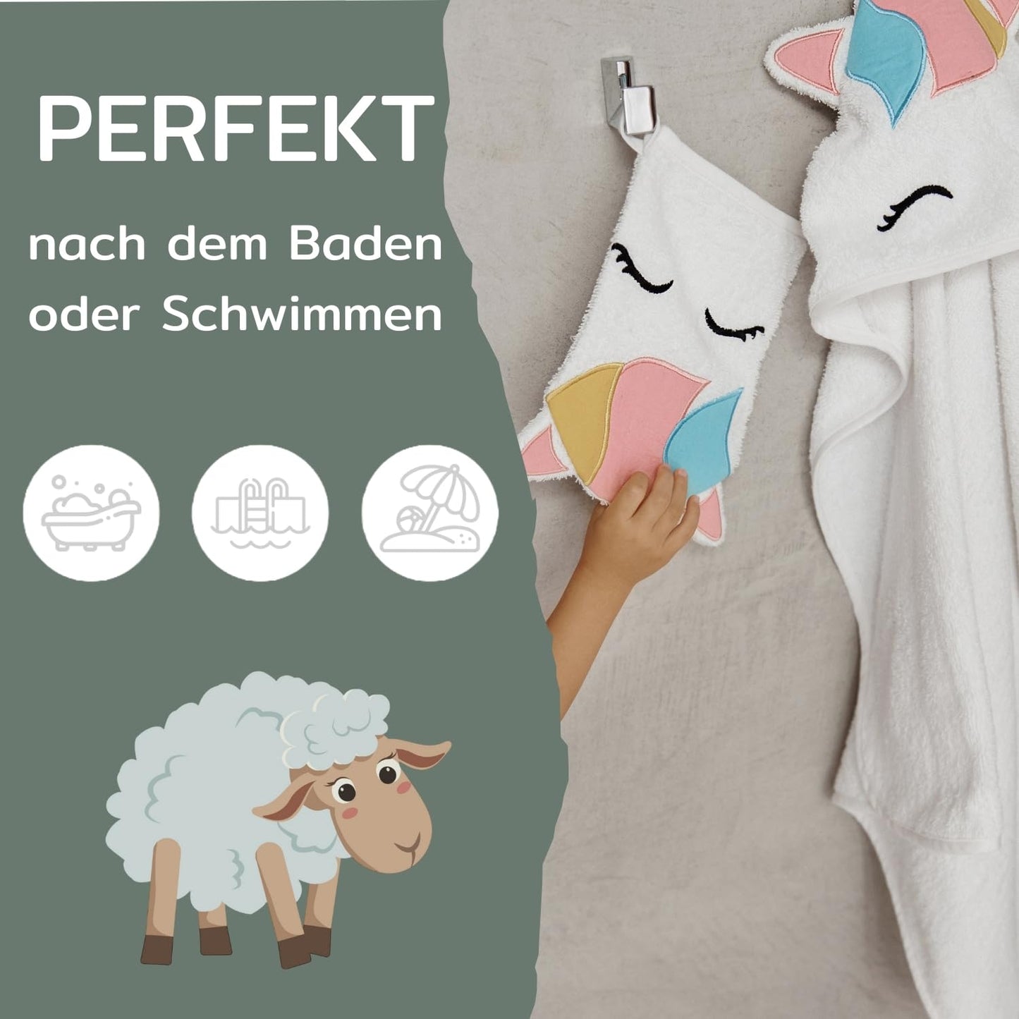 MIRARI Kids Babyhandtuch mit Kapuze und Waschlappen 100x100 cm – Handtuch Rentier aus 100% Baumwolle - REH Badetuch mit Kapuze - Geschenk Geburt - Baby Erstausstattung Neugeborenen Set