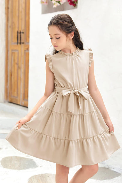 Haloumoning Mädchen Kleider Casual Rüschen Ärmel Midi Kleid Kinder Plissee Party Kleid mit Gürtel 4-15 Jahre