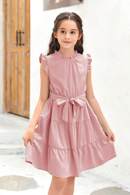 Haloumoning Mädchen Kleider Casual Rüschen Ärmel Midi Kleid Kinder Plissee Party Kleid mit Gürtel 4-15 Jahre